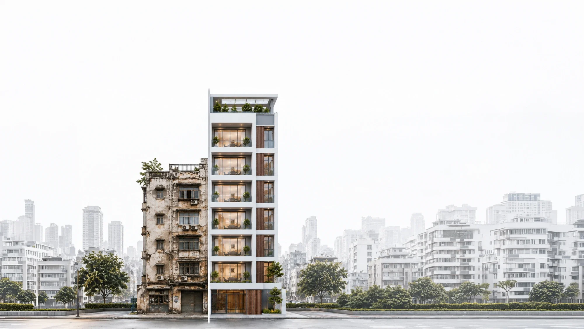 An old building beside its redeveloped, modern counterpart